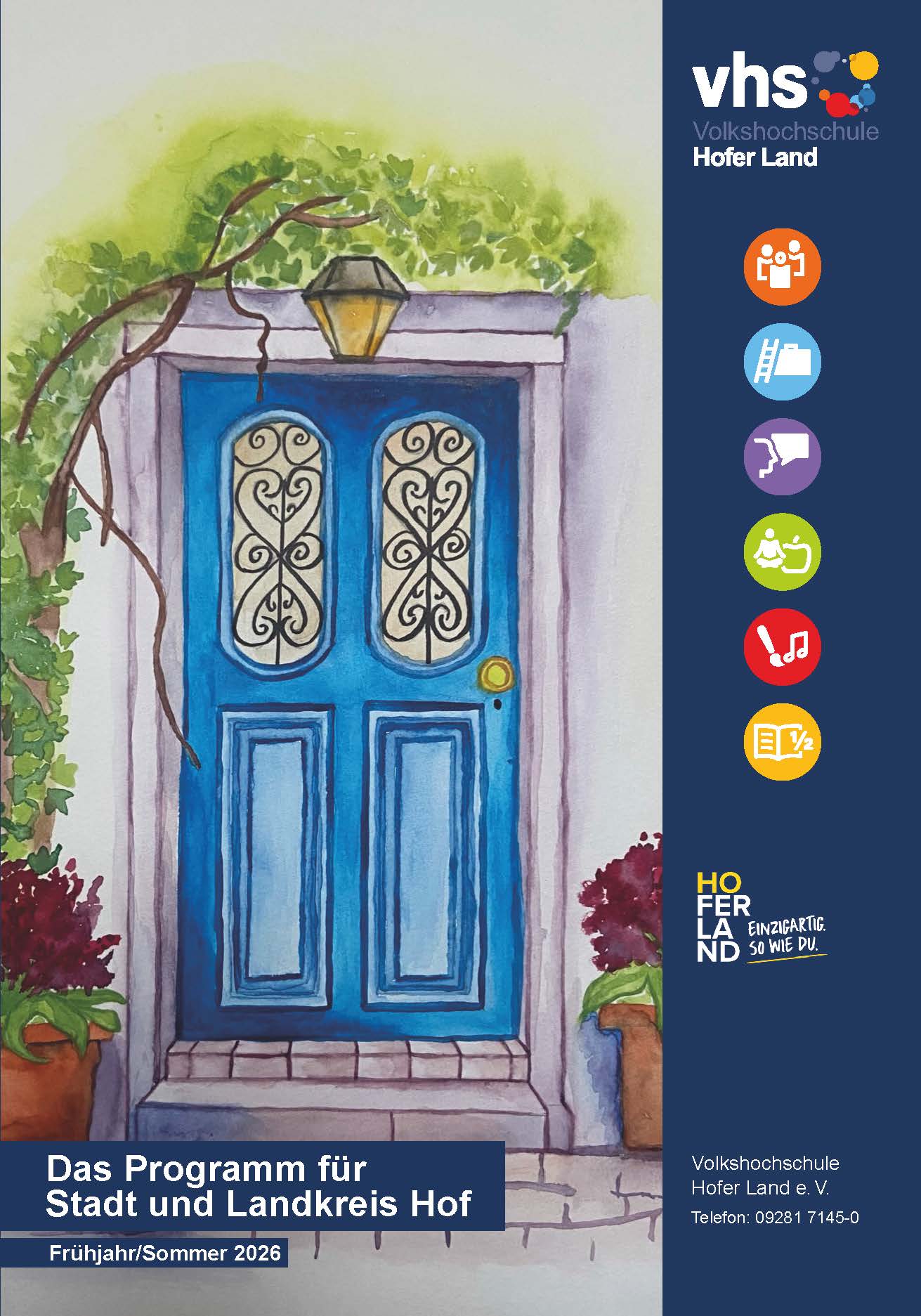 VHS Hofer Land Programmheft Titelblatt Programmheft zeigt Gemälde mit blauer Tür